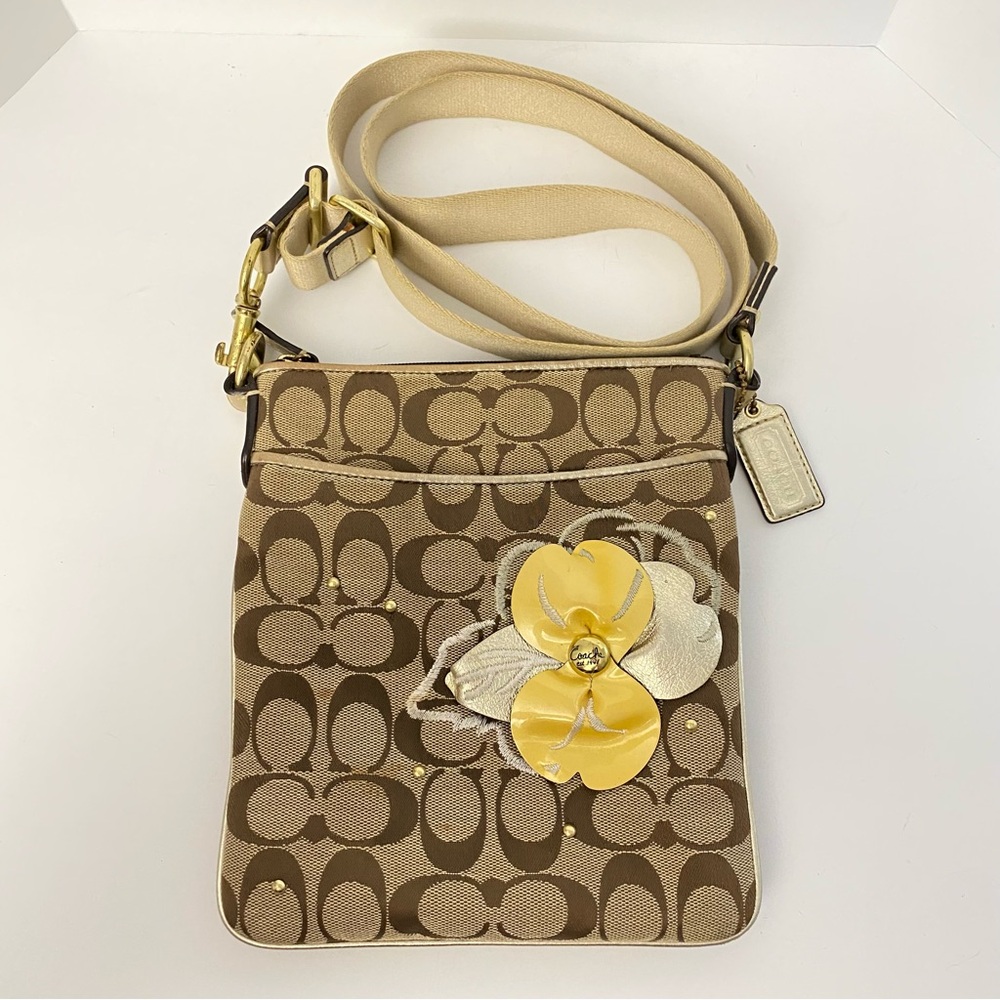 Coach Signature Crossbody with Yellow and Metallic Gold Leather Flower